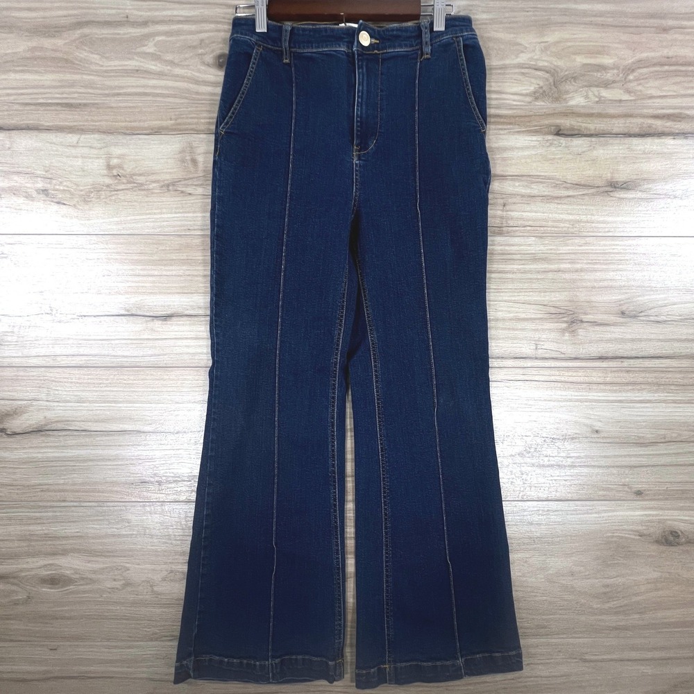 Avec Les Filles Womens Dark Wash Pintuck Flare Jeans Size 29 High Rise Stretch